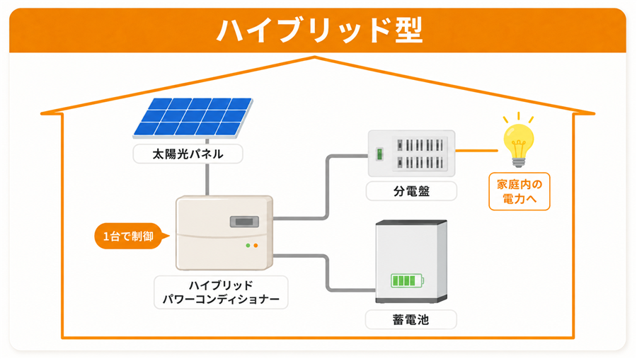 1台のパワコンで太陽光発電と蓄電池をまとめて制御するハイブリッド型の構成図