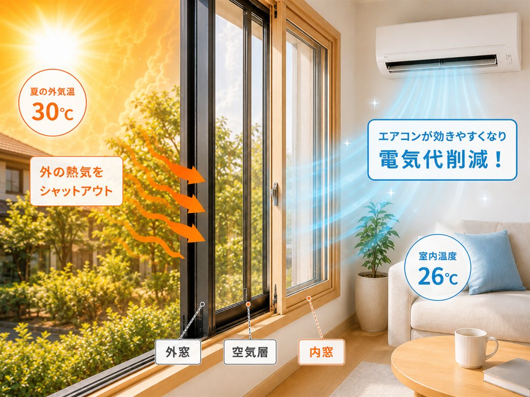 断熱と電気代削減:内窓で外の熱気をシャットアウトし、エアコンが効きやすくなって電気代を削減