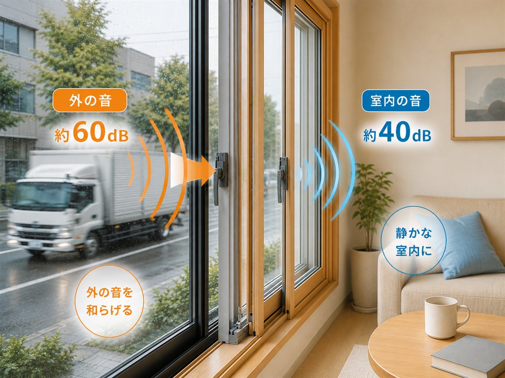 騒音対策:外の音 約60dB を内窓で約40dB以下にやわらげ、静かな室内に