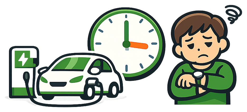 充電に時間がかかり、時計を見て待ちくたびれている様子